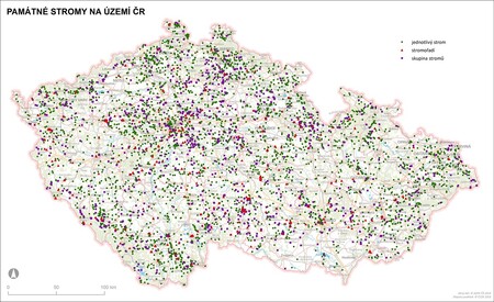 Mapa památných stromů na území ČR.